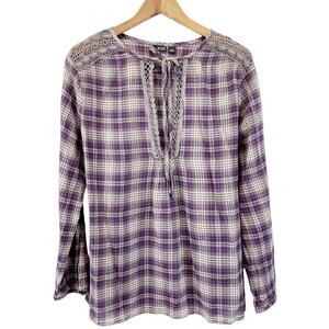 A.N.A. Womens L Bohemian Plaid Tunic Blouse Top Purple Plaid Lace Shoulder Gauze